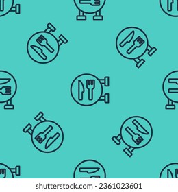 Black line Cafe and restaurant location icon isolated seamless pattern on green background. Fork and spoon eatery sign inside pinpoint.  Vector.