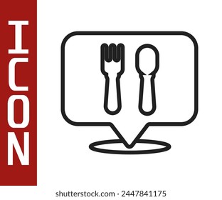 Icono de ubicación de café y restaurante aislado sobre fondo blanco. Tenedor y cuchara de comer signo dentro de punta.  Ilustración vectorial.