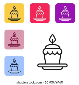 Black line Cake with burning candles icon isolated on white background. Happy Birthday. Set icons in color square buttons. Vector Illustration