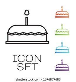 Black line Cake with burning candles icon isolated on white background. Happy Birthday. Set icons colorful. Vector Illustration