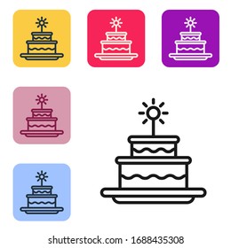 Black line Cake with burning candles icon isolated on white background. Happy Birthday. Set icons in color square buttons. Vector Illustration