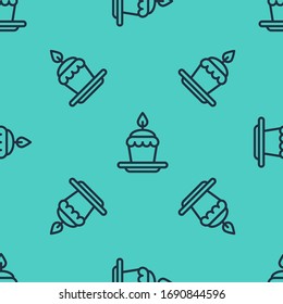 Black line Cake with burning candles icon isolated seamless pattern on green background. Happy Birthday.  Vector Illustration