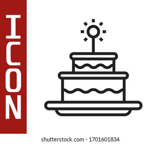 Black line Cake with burning candles icon isolated on white background. Happy Birthday.  Vector Illustration