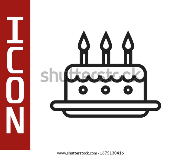 白い背景に黒いラインケーキと燃えるキャンドルアイコン 誕生日おめでとう ベクターイラスト のベクター画像素材 ロイヤリティフリー