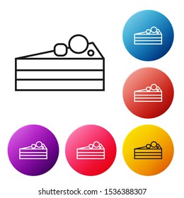 Black line Cake icon isolated on white background. Happy Birthday. Set icons colorful circle buttons. Vector Illustration
