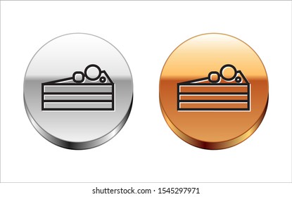 Black line Cake icon isolated on white background. Happy Birthday. Silver-gold circle button. Vector Illustration