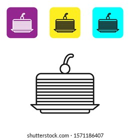 Black line Cake icon isolated on white background. Happy Birthday. Set icons colorful square buttons. Vector Illustration