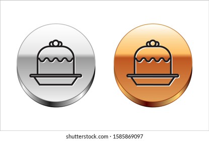 Black line Cake icon isolated on white background. Happy Birthday. Silver-gold circle button. Vector Illustration