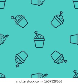 Black line Cake icon isolated seamless pattern on green background. Happy Birthday.  Vector Illustration