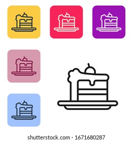 Black line Cake icon isolated on white background. Happy Birthday. Set icons in color square buttons. Vector Illustration