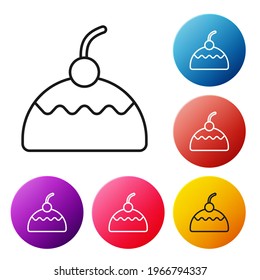 Schwarze Linie, Kuchensymbol einzeln auf weißem Hintergrund. Alles Gute zum Geburtstag! Stellen Sie die Symbole bunter Kreis-Schaltflächen ein. Vektorgrafik
