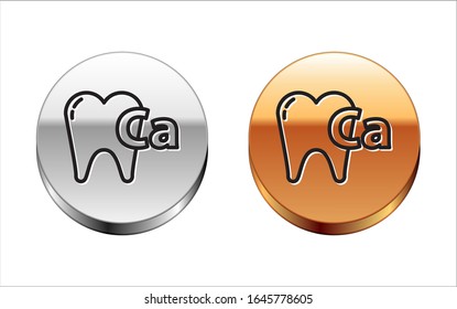 Black line Calcium for tooth icon isolated on white background. Tooth symbol for dentistry clinic or dentist medical center. Silver-gold circle button. Vector Illustration
