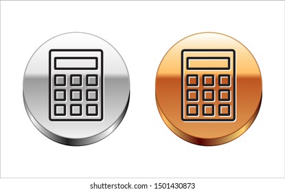 Black line Calculator icon isolated on white background. Accounting symbol. Business calculations mathematics education and finance. Silver-gold circle button. Vector Illustration