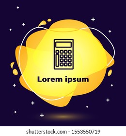 Black line Calculator icon isolated on dark blue background. Accounting symbol. Business calculations mathematics education and finance. Abstract banner with liquid shapes. Vector Illustration