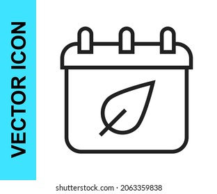 Black line Calendar with autumn leaves icon isolated on white background.  Vector