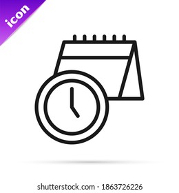 Icono de calendario y reloj de línea negra aislado en fondo blanco. Programación, cita, organizador, parte de horas, administración de horas.  Vector