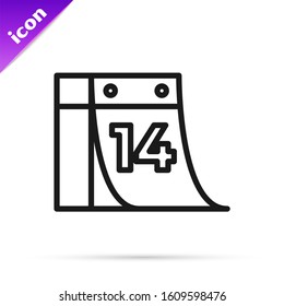 Black line Calendar with February 14 icon isolated on white background. Valentines day. Love symbol.  Vector Illustration
