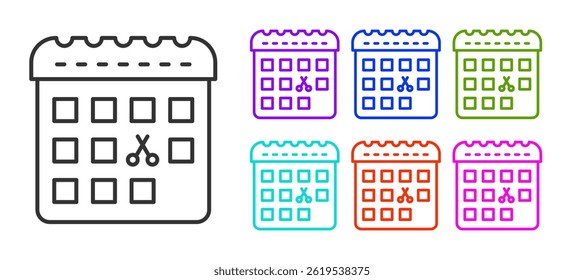 Black line Calendar with haircut day icon isolated on white background. Haircut appointment concept. Set icons colorful. Vector