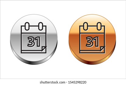 Black line Calendar with Halloween date 31 october icon isolated on white background. Happy Halloween party. Silver-gold circle button. Vector Illustration