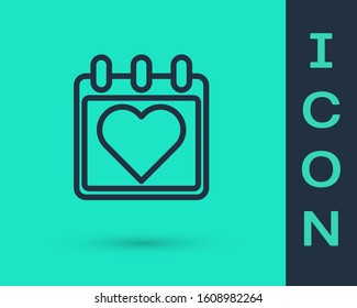 Black line Calendar with heart icon isolated on green background. Valentines day. Love symbol. February 14.  Vector Illustration