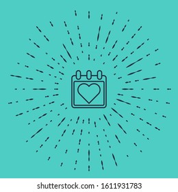Black line Calendar with heart icon isolated on green background. Valentines day. Love symbol. February 14. Abstract circle random dots. Vector Illustration