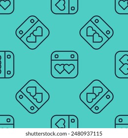 Black line Calendar with heart icon isolated seamless pattern on green background. Valentines day. Love symbol. February 14.  Vector