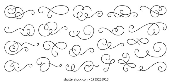 Black line calligraphic vintage swirl set. Classic antique typographic filigree curls. Elegant retro Ink hand drawn swashes. Christmas ornate wedding invitation Victorian style flourish scroll pattern