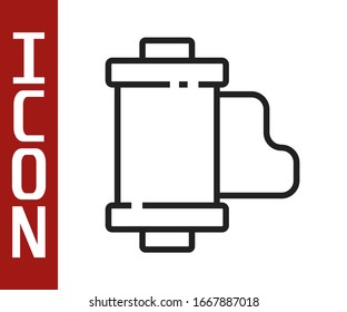 Black line Camera vintage film roll cartridge icon isolated on white background. 35mm film canister. Filmstrip photographer equipment.  Vector Illustration