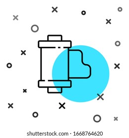 Black line Camera vintage film roll cartridge icon isolated on white background. 35mm film canister. Filmstrip photographer equipment. Random dynamic shapes. Vector Illustration