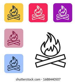 Black line Campfire icon isolated on white background. Burning bonfire with wood. Set icons in color square buttons. Vector Illustration