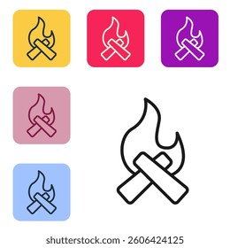 Black line Campfire icon isolated on white background. Burning bonfire with wood. Set icons in color square buttons. Vector