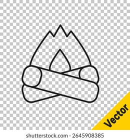 Black line Campfire icon isolated on transparent background. Burning bonfire with wood.  Vector