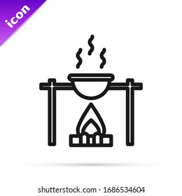 Black line Campfire and pot icon isolated on white background. Fire camping cooking in cauldron on firewood and flame.  Vector Illustration