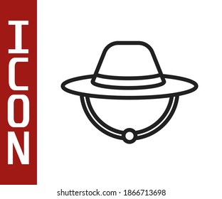 Black line Camping hat icon isolated on white background. Beach hat panama. Explorer travelers hat for hunting, hiking, tourism.  Vector