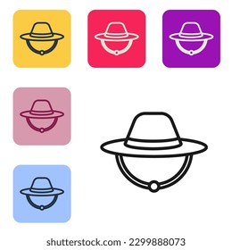Black line Camping hat icon isolated on white background. Beach hat panama. Explorer travelers hat for hunting, hiking, tourism. Set icons in color square buttons. Vector