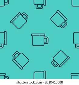 Black line Camping metal mug icon isolated seamless pattern on green background.  Vector