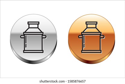 Black line Can container for milk icon isolated on white background. Silver-gold circle button. Vector Illustration