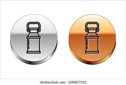 Black line Can container for milk icon isolated on white background. Silver-gold circle button. Vector Illustration