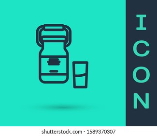 Black line Can container for milk and glass icon isolated on green background.  Vector Illustration