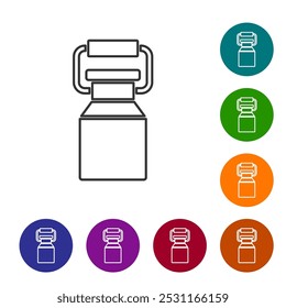 Línea negra Puede el envase para el icono de la leche aislado en el fondo blanco. Establezca los íconos en Botones de círculo de color. Vector