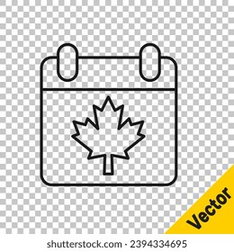 Black line Canada day with maple leaf icon isolated on transparent background. 1-th of July Independence Day on the calendar with the Canada flag.  Vector