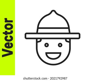 Línea negra Icono de uniforme de sombrero de guardabosques canadiense aislado en fondo blanco.  Vector