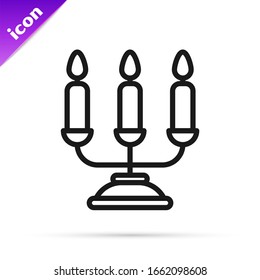 Black line Candelabrum with three candlesticks icon isolated on white background.  Vector Illustration