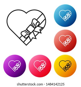 Black line Candy in heart shaped box and bow icon isolated on white background. Valentines Day. Set icons colorful circle buttons. Vector Illustration