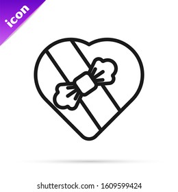 Black line Candy in heart shaped box and bow icon isolated on white background. Valentines Day.  Vector Illustration
