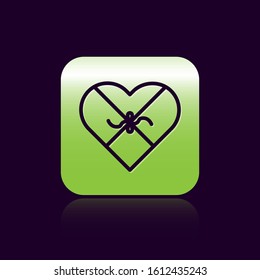Black line Candy in heart shaped box and bow icon isolated on black background. Valentines Day. Green square button. Vector Illustration