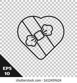 Black line Candy in heart shaped box and bow icon isolated on transparent background. Valentines Day.  Vector Illustration