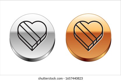 Black line Candy in heart shaped box icon isolated on white background. Valentines Day. Silver-gold circle button. Vector Illustration