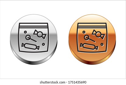 Empaquetado de caramelo de línea negra para icono de caramelos aislados en fondo blanco. Bolsa con caramelos. Botón de círculo dorado plateado. Vector