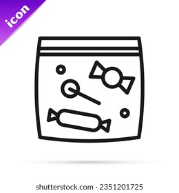 Black line Candy packaging for sweets icon isolated on white background. Bag with candy.  Vector